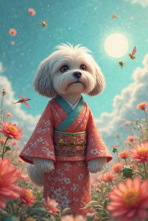 A Lhasa Apso with a Japanese kimono, beautiful surreal 3.5 engineering rendering, ultra-realistic, cinematic, brilliant, extremely beautiful background with flowers and dragonflies, bright fairies, green frogs and a light shining in the azure blue sky, hig...