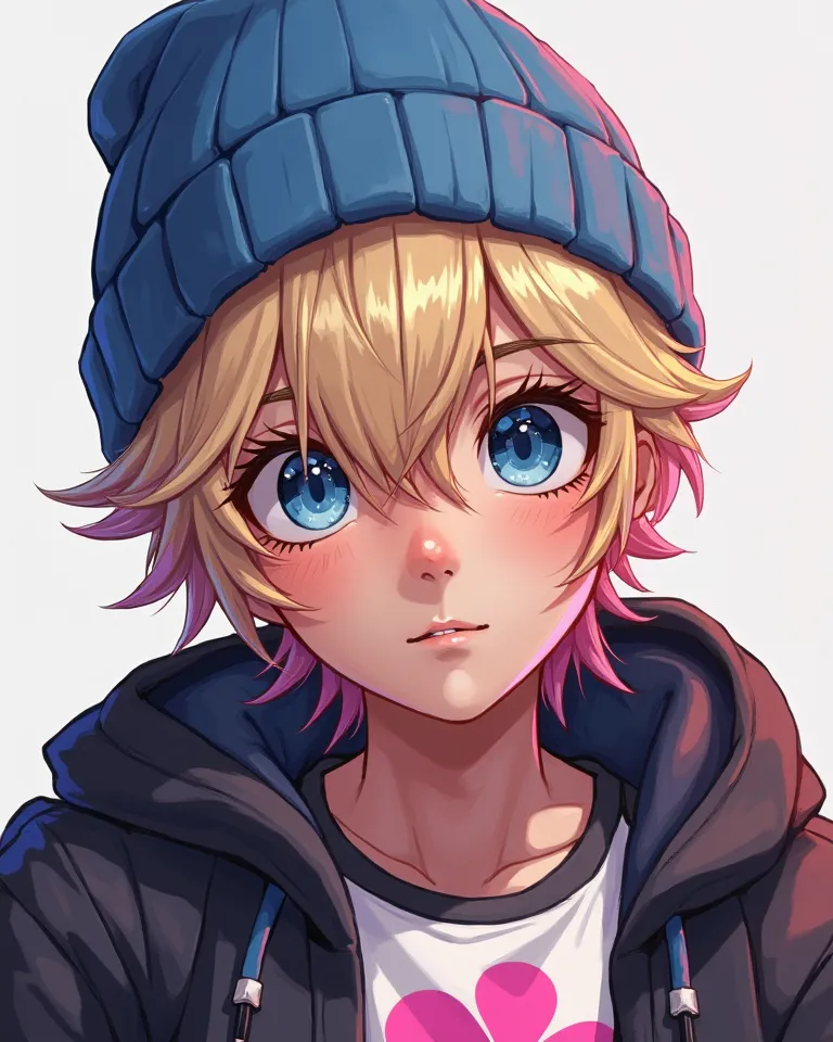 A highly detailed and realistic portrait of a male version of zoe lee from miraculous ladybug, 1 man, big blue eyes, he is wearing a blue beanie blonde hair with pink highlights, black jacket, white shirt with a pink flower design