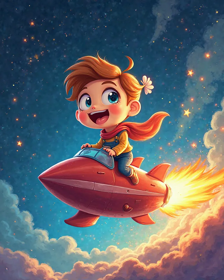 The cartoon character rides a rocket, rushes to Channel 70, has stars and sparkles all around. Looks thrilling and fantasy."