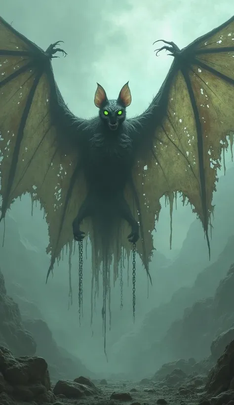 A colossal bat with semi-transparent, torn wings that stretch impossibly wide, casting a spectral shadow across the land. Its body flickers between solid and phantom, with hollow eye sockets glowing a pale green. Ghostly chains dangle from its limbs, clink...