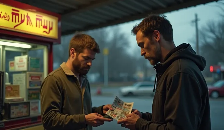 Inside a small, dimly lit gas station, a man scratches off a lottery ticket with excitement. The numbers match—he’s won! Suddenly, a subtle ripple of energy passes between him and Daniel, standing nearby. The man's smile fades as he stares at the ticket, w...