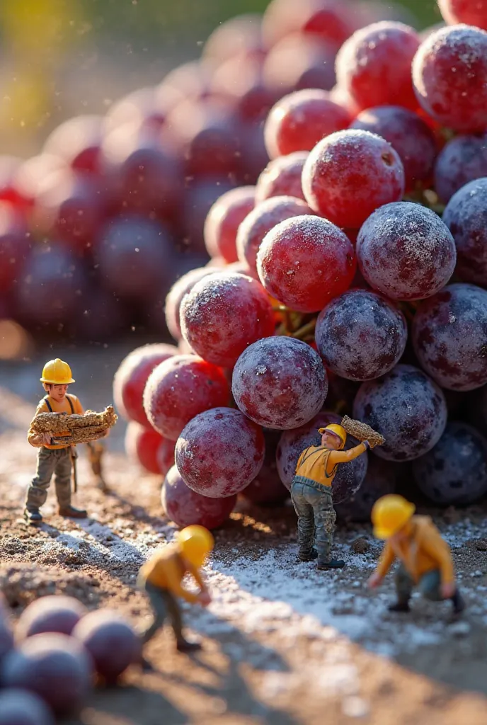 A fantastical scene of miniature workers working on a giant grape dessert, created in a highly detailed macro photography style. Wearing yellow hard hats and work clothes, the workers collect large purple grapes covered in powdered sugar, fill them into ba...