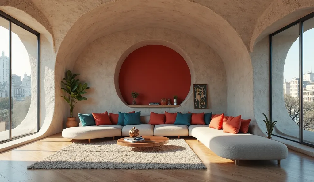 Design the curvilinear construction for sleek innovative minimalist loft uses high ceilings and open-plan living to create a sense of spaciousness in a tiny apartment, blends organic forms, a light, deep Sand Dollar, Teal and Navy Blue and Red color palett...