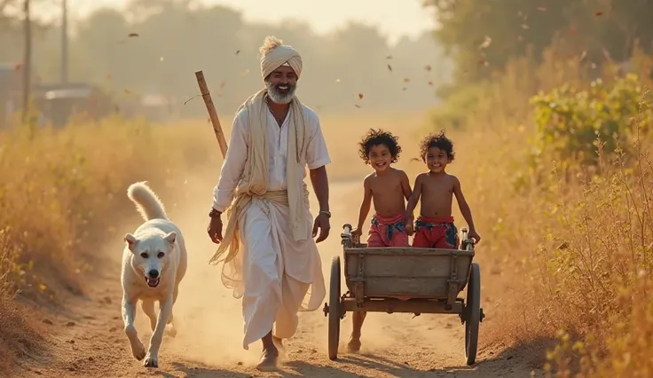 aggressive white dog is now running away with its tail tucked between its legs, retreating into the distance. Kadu and Padu (two baby boys, aged 5 and 6) with big red eyes, black hair, red and black shorts, and blue pants stand in their bullock cart, smili...