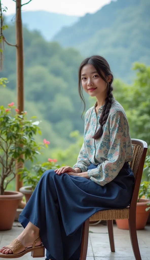 Asian woman slight smile long straight hair braided little wear patterned shirt detail pastel blue color and skirt long bottom dark blue color Beautiful sandals sitting back seat back home background atmosphere green and wide mountains there are vines also...