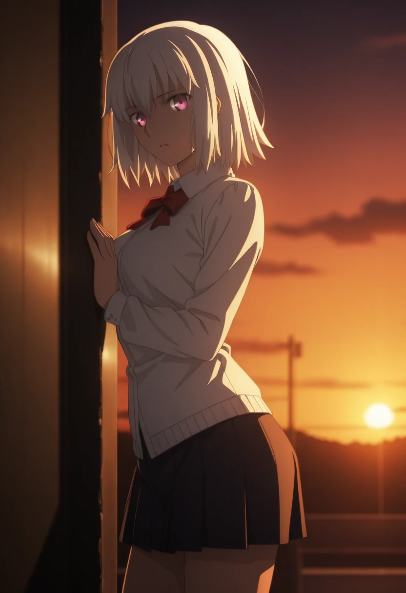 masterpiece, best quality, amazing quality, highres, absurdres, very aesthetic, high resolution, ultra detailed, perfect details,  darkness, night , school, outside, ufotable style, upper body , sunset, 
 
1girl, ufotable style, anime style,  (anime colori...