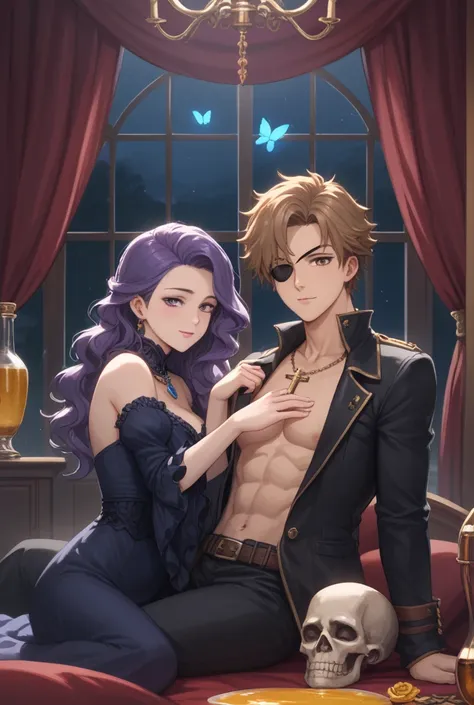 Man and lady sleeping together on the bed. Anime vampire girl with very long white and purple hair, purple eyes with blue heart amulet. Sleep in a sexy short black lingerie dress.  She is lying on the bed next to the pirate anime boy as he embraces and con...