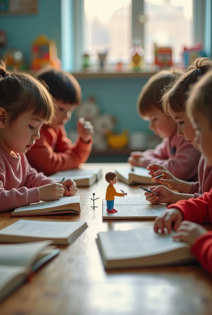 "The photo shows a group of ren, sitting at a table in a brightly lit room. On the table in front of them are tiny microscopic men, Each of them using miniature learning materials. These little men, books the size of a small toy, actively interact with ren...