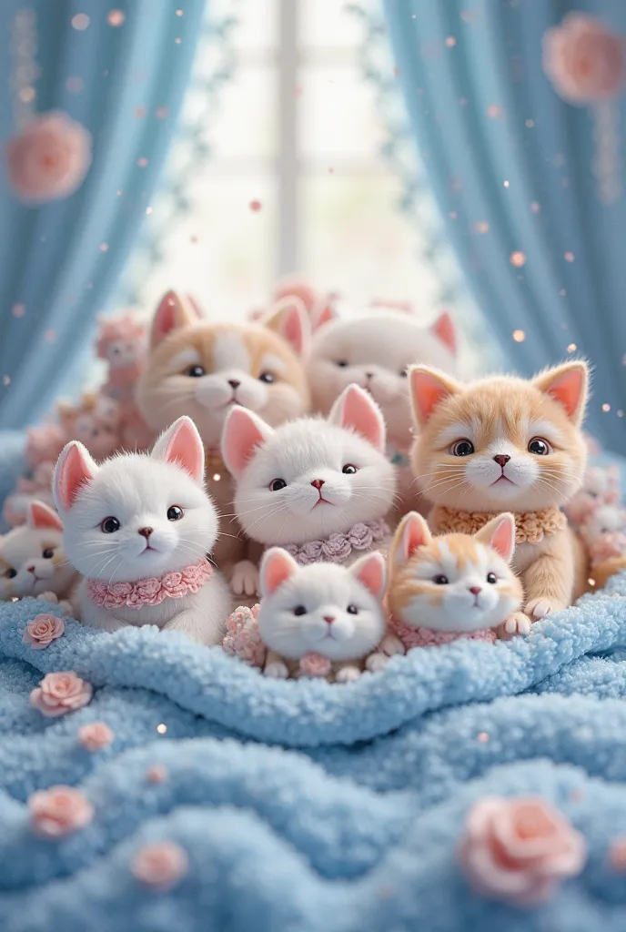 The cutesy vibe with cat plushies. Don't draw that specific one. Make it creative. Use frilly blue sheets
That's the aesthetic