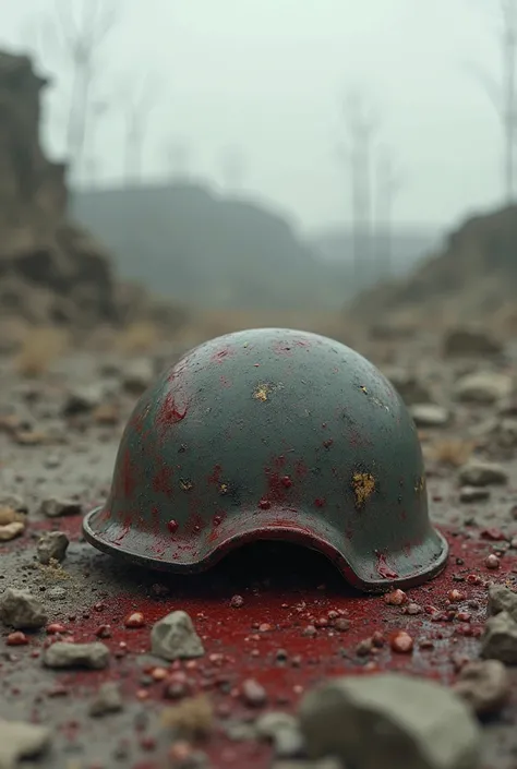 A modern war helmet on the ground with blood on it