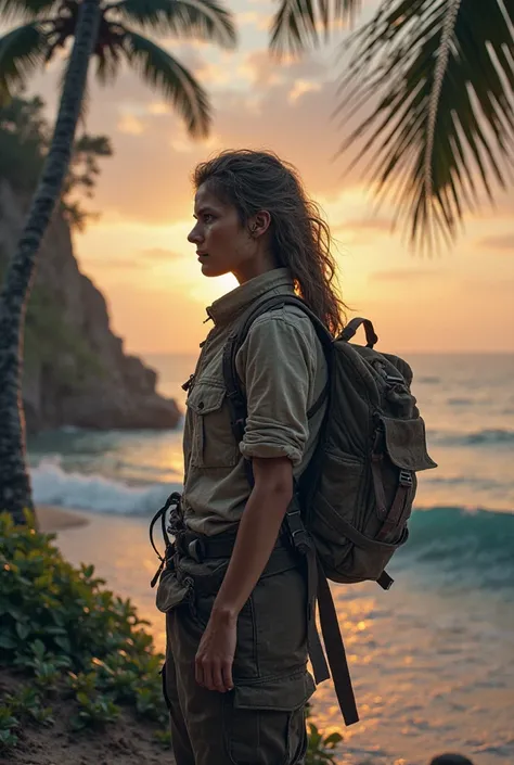 Sad Female explorer preparing to leave the island 