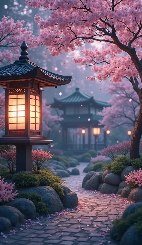  cherry blossoms at night　garden　no people　lamp