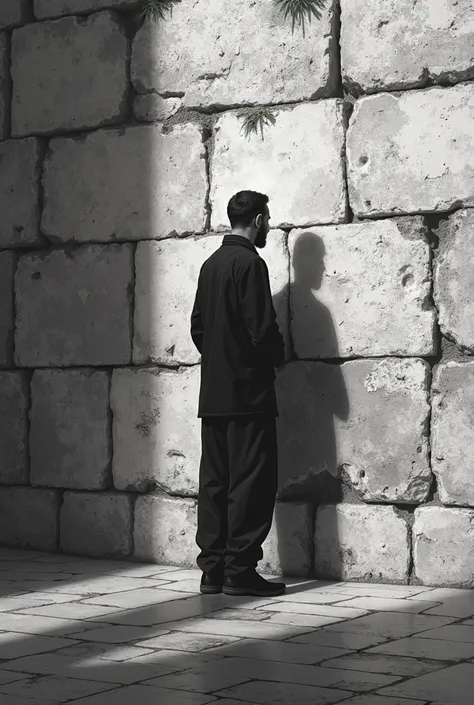 Shadow of an Israeli praying in front of the Western Wall. No people drawn, only shadows cast on the wall, monochrome, strong contrast, human features emphasized, shadows emphasized,