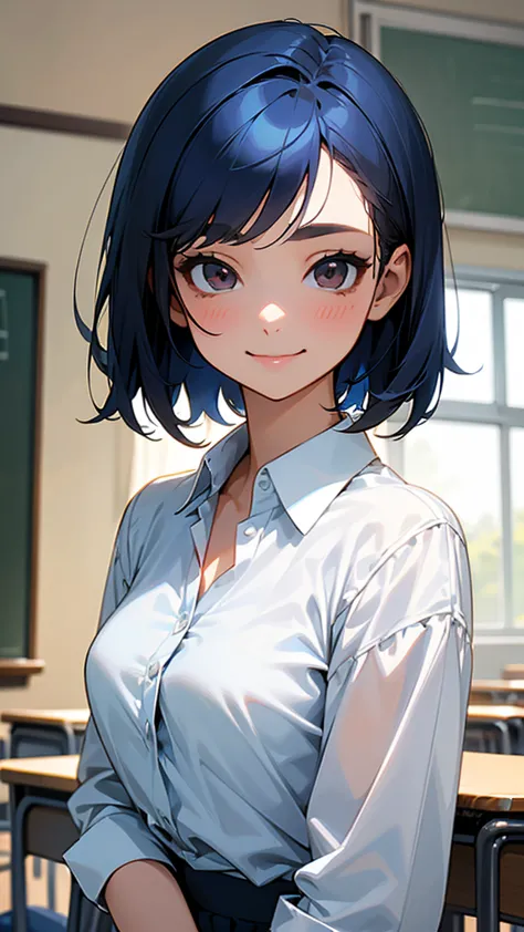 Picture of a cute girl's upper body、 dark blue hair、short hair、 dark brown eyes 、 happy smile、 perfect woman's body、 white blouse shirt、upper body closeup、 in the classroom