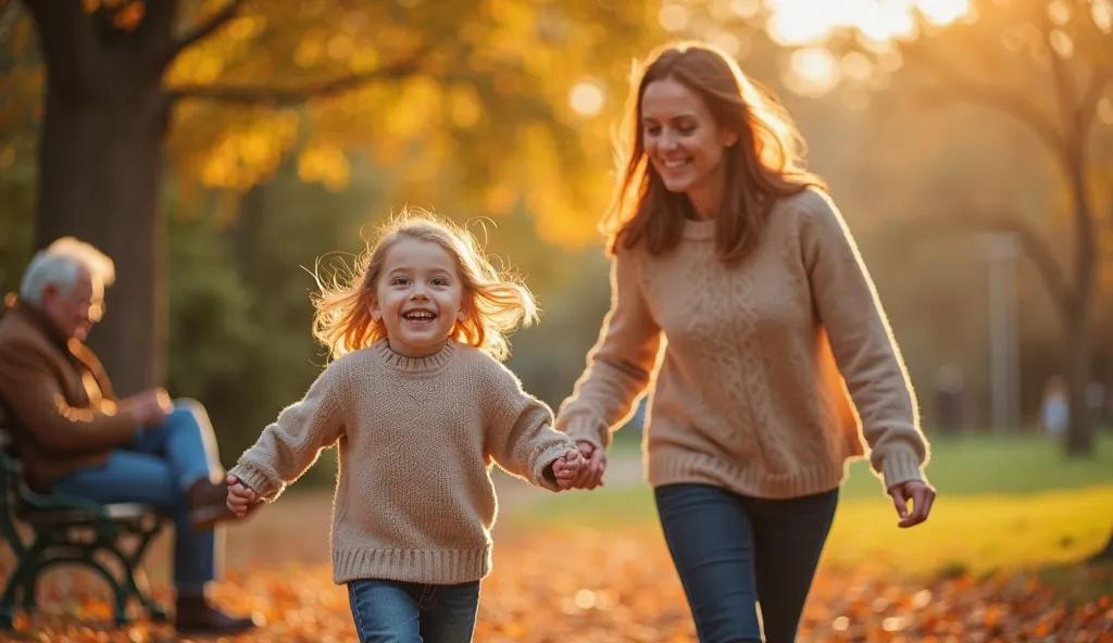 A young blonde girl with bright eyes and a joyful smile runs toward the camera, holding hands with a woman behind her, possibly her mother. The woman, with shoulder-length auburn hair, walks with a loving expression, dressed in a beige sweater and dark pan...