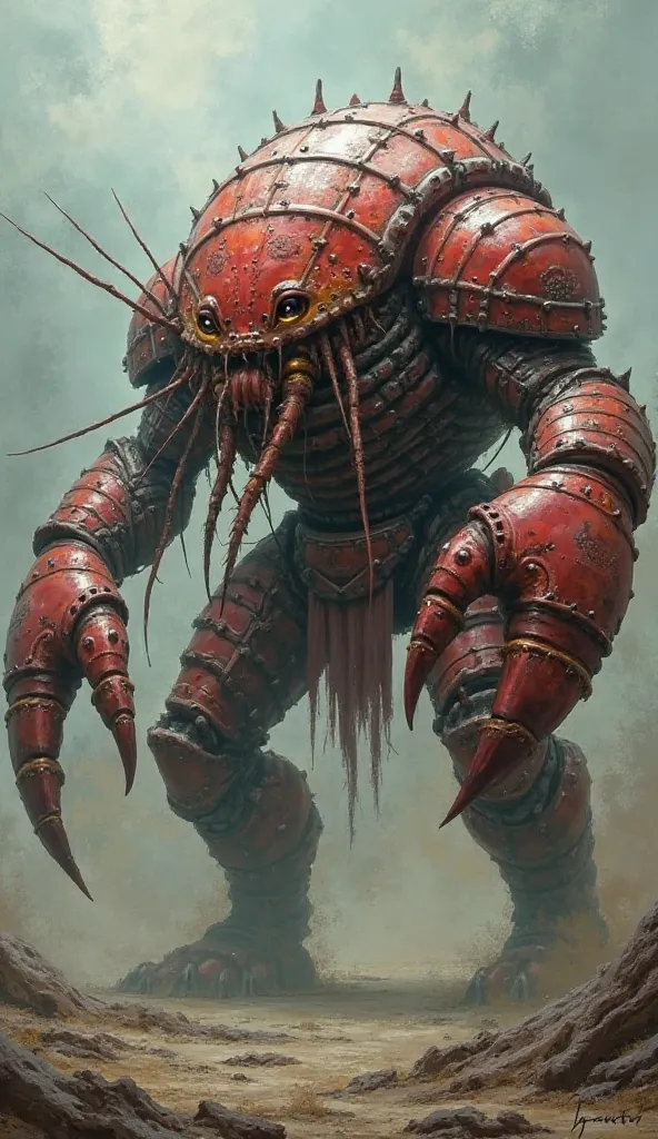 A monstrous crustacean warrior with a humanoid form, armored in an indestructible chitin shell. Its colossal pincers crush enemies like paper, while its eight glowing eyes see through the darkest depths of war.