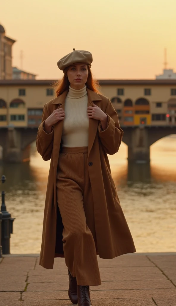 Vintage Italian Elegance in Florence’s Ponte Vecchio

Location: Ponte Vecchio, Florence
Outfit Theme: 1970s-inspired winter fashion
Composition:

A camel-colored trench coat over a cream turtleneck and high-waisted corduroy pants.

Vintage leather shoes an...