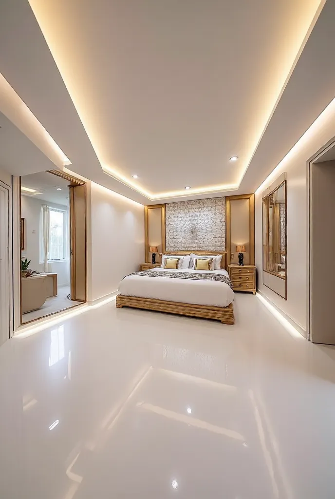 a bedroom with a large bed sitting on top of a white floor, inside of a bedroom, white with gold accents, luxurious, luxurious theme, cream and white color scheme, luxurious environment, white bed, lavishly decorated, white ceiling, hyper luxurious, glowin...