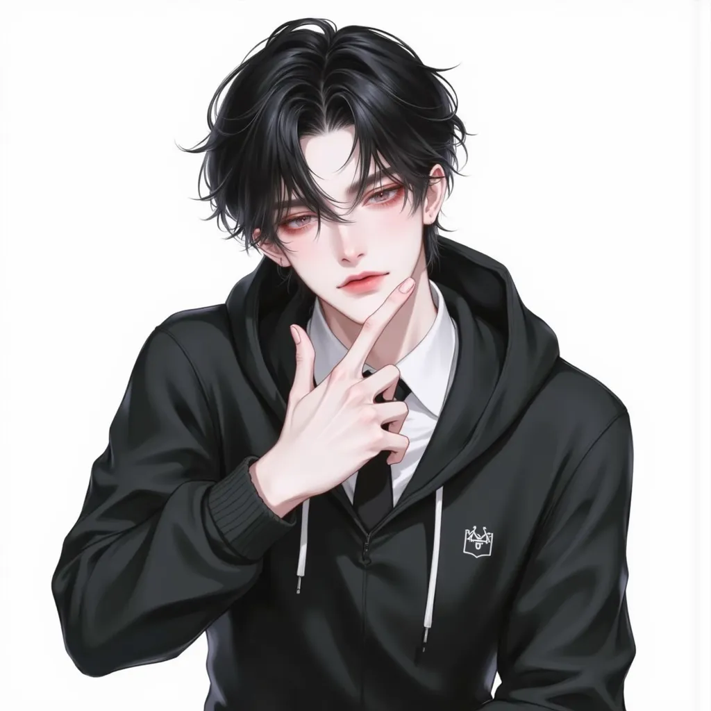 best quality, high quality, 1boy, short hair, semi, Black hooded sweatshirt, school uniform, playful, sassy, ​​V sign to the viewer, shirt, black tie, High angle, dynamic, white background, Hip style