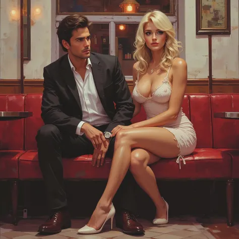 estilo painting realistic 3d color. black age boy  with white blonde milf cleavage mother 50 years poses sitting on a double seat, in cafeteria, She dresses very sexy and you can see her sexy legs crossed
