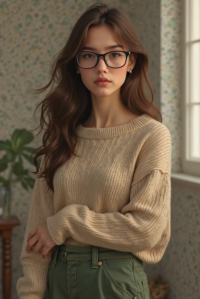 Portrait of Amandine with brown hair, black glasses, green pants and beige sweater