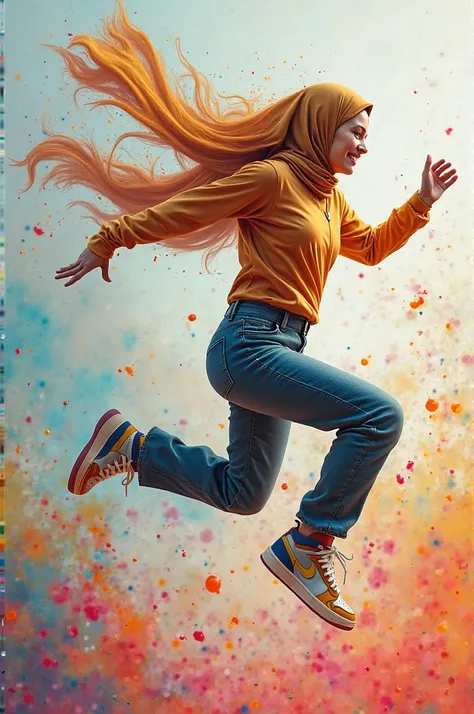 Hijab girl jumping wearing nije air jordan shoes with colourful splash paint background