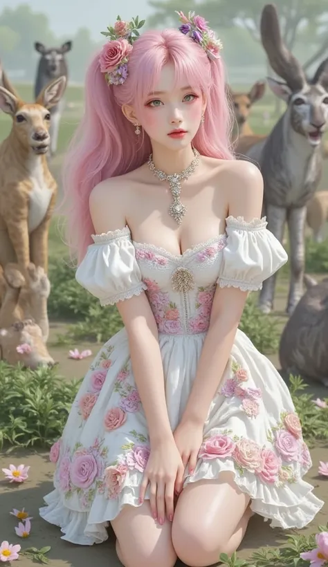 Russian  girl with lovely boobs,  Very Pale Skin , Pear shape,  realistic, pink hair ,  pink eyes,(A colorful and cute dress), Safari Park, Animals, 애교 부리는 Animals, is kneeling 