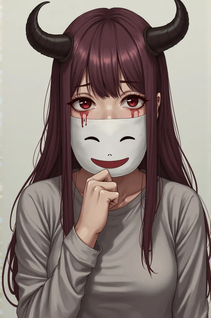 poto original rialistic young woman long haired straight color red maroon horned head wearing long sleeve t-shirt hooded face sad mimicry,crying eyes tears red color hand holding mask white color mimicry face mask smiling 