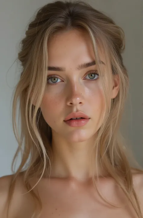 Beautiful Ukrainian woman, white skin,  big eyes color green , thin plump lips,  thick eyebrows, straight slapped nose, with freckles, shirtless with blond hair