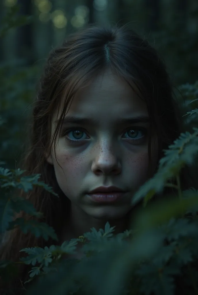 "A close-up of the girl, her face frozen in shock as she sees a wild fox staring at her from the bushes. The fox’s eyes shine in the dim light, and it appears curious yet mysterious. The jungle setting remains dark and dense, with a sense of tension in the...