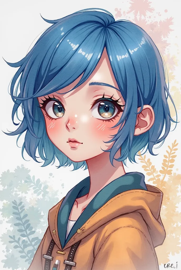 Create a s book character in watercolor style, named Creo. Make them gender neutral looking with short-ish blue hair that tapers in near the neck and make them look creative