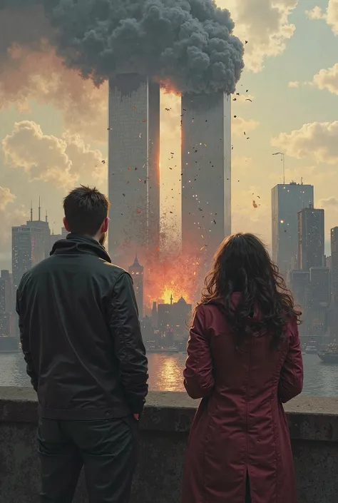 2 people watching the twin towers fall to make it look real