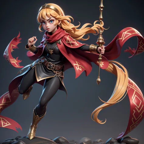 woman，Big wavy shawl long hair，red headband，wears a slim red miniskirt with a wide red belt，Showing off long legs，and a belt full of exorcisms and bells，long red boots on her head，with a mysterious rune pattern on the top。, strong eyes，Lips up，Be confident...