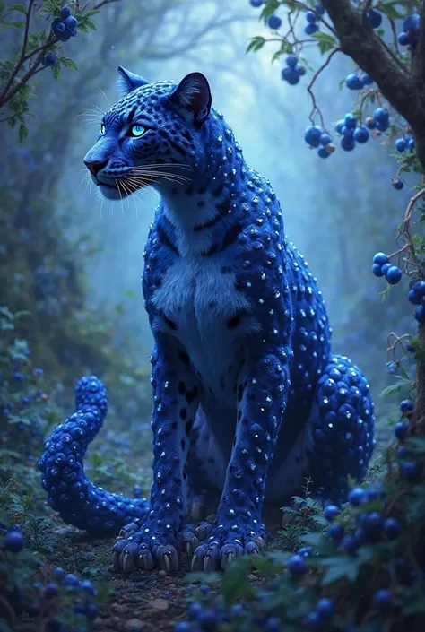 Create a highly detailed digital painting of a mythical hybrid creature that combines a sleek, muscular leopard with the vibrant texture and color of blueberries. The creature's fur is deep blue with a glossy, berry-like sheen, speckled with small, lumines...