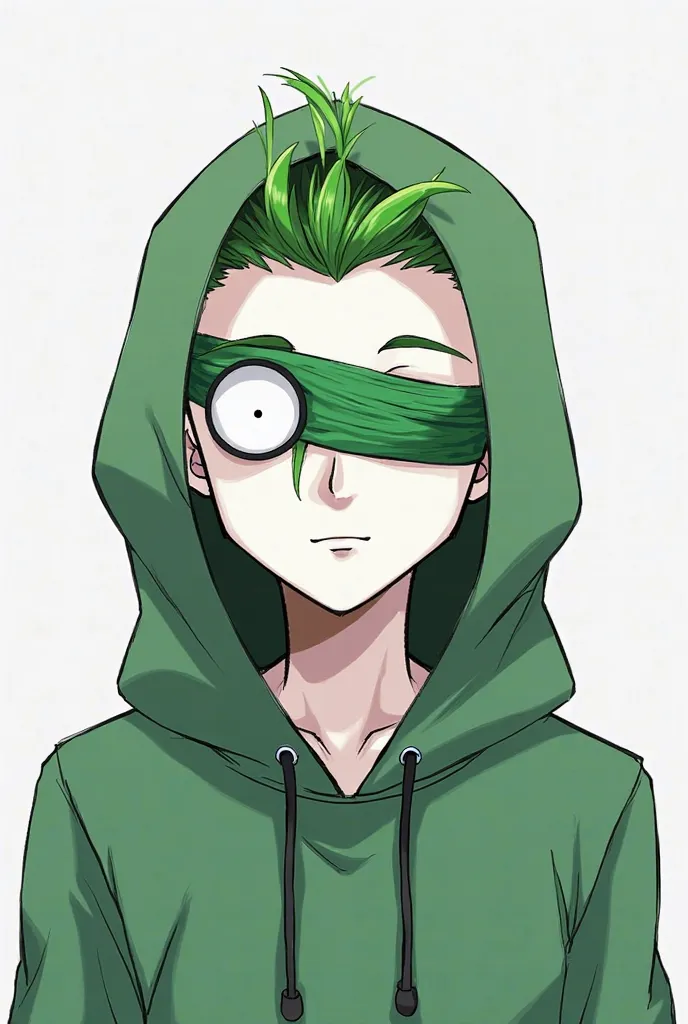 Draw a medium-sized white man wearing a green hoodie and a green hairstyle that is combed to the top, at the same time, this man's right eye is covered with a green bandage, his eyes are completely white without pupils