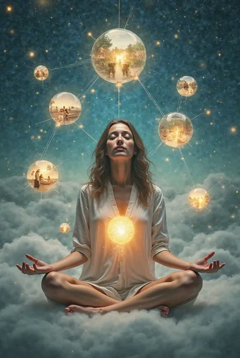 Create a surreal and ethereal scene featuring a woman seated in a meditative pose among clouds, with a celestial backdrop of stars and interconnected lights. She is surrounded by translucent orbs, each containing different scenes of life and nature. The ce...