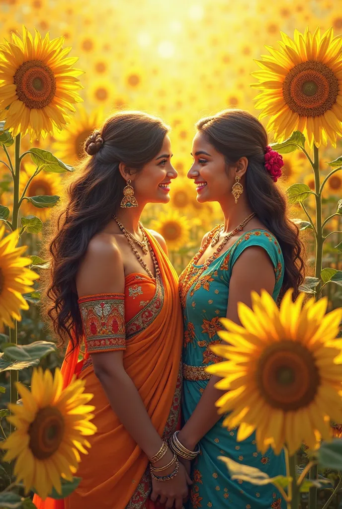 A welcome card with sunflowers and Indian ladies with saree and a yellow theme 