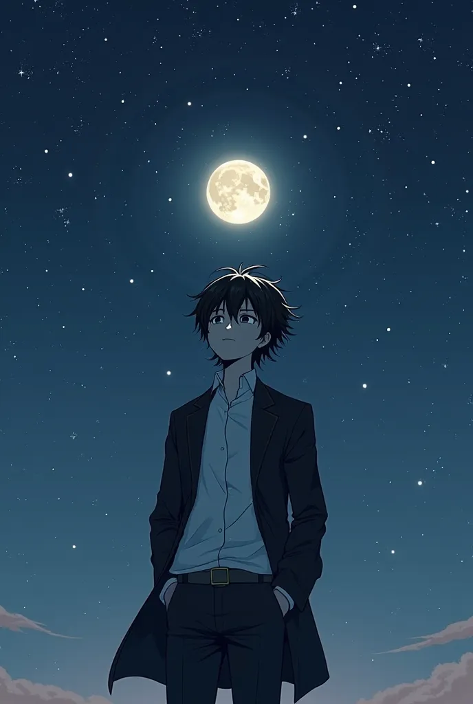 A young man stands alone beneath the vast night sky, gazing at the twinkling stars and the glowing full moon. His short, dark hair is tousled by the gentle breeze, and his deep-set eyes, filled with sorrow, reflect the celestial beauty above. He wears a fi...