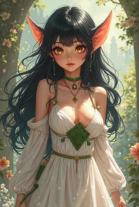 goblin girl, Average height,  big amber eyes, Darling, tender,  Beautiful, long black hair,  big chest and hips ,  white dress, anime art, green leather