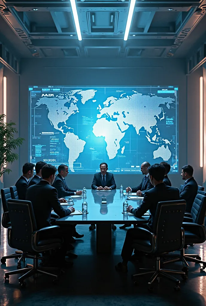 several people sitting around a table in a room with a large screen, futuristic government chambers, sci - fi, sci-fi, sci fi, depicted as a scifi scene, in a meeting room, corporate holograms, interesting background, motivational, in a futuristic spaceshi...