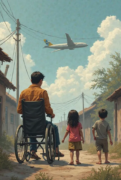 A young man in a wheelchair, Kenk, and his wife, watched the plane take off, while their  one  son and two daughters, 8 and 12, played nearby, a poor and sad family. In the village 