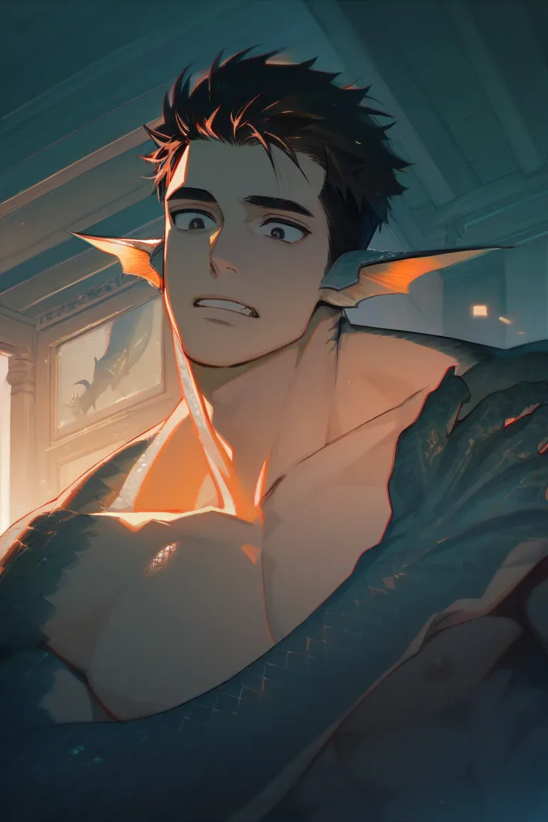 Male character, Humanoid sea monster, Half-human, half sea monster, Fins ears, Scales on skin, Dark hair, Stoic expression, Handsome, Black eyes, Shirtless; Dark, Eerie, and Psychopathic theme, Inside a house background.