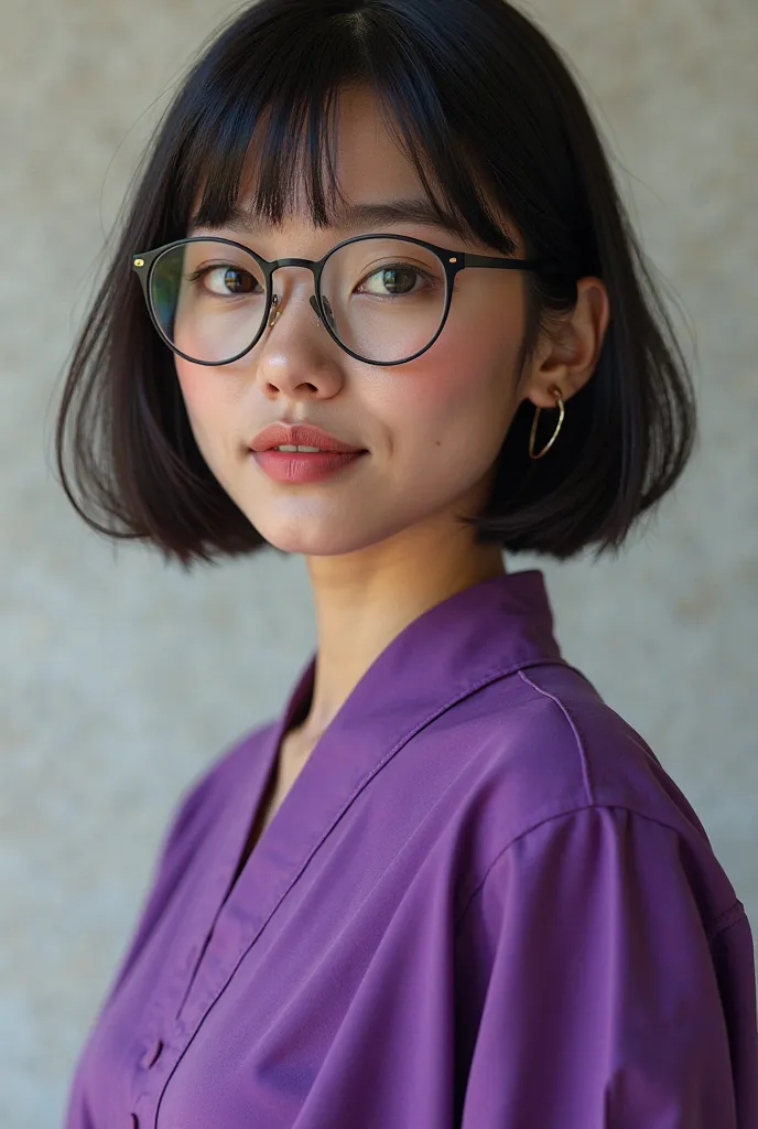 (photoRealistic:1.4),Thai girl aged 20-25 years old, short bob, wearing round glasses with black glasses, bright white skin, height 165 cm. Proportion 38-30-35 Wearing a purple Thai baggy dress