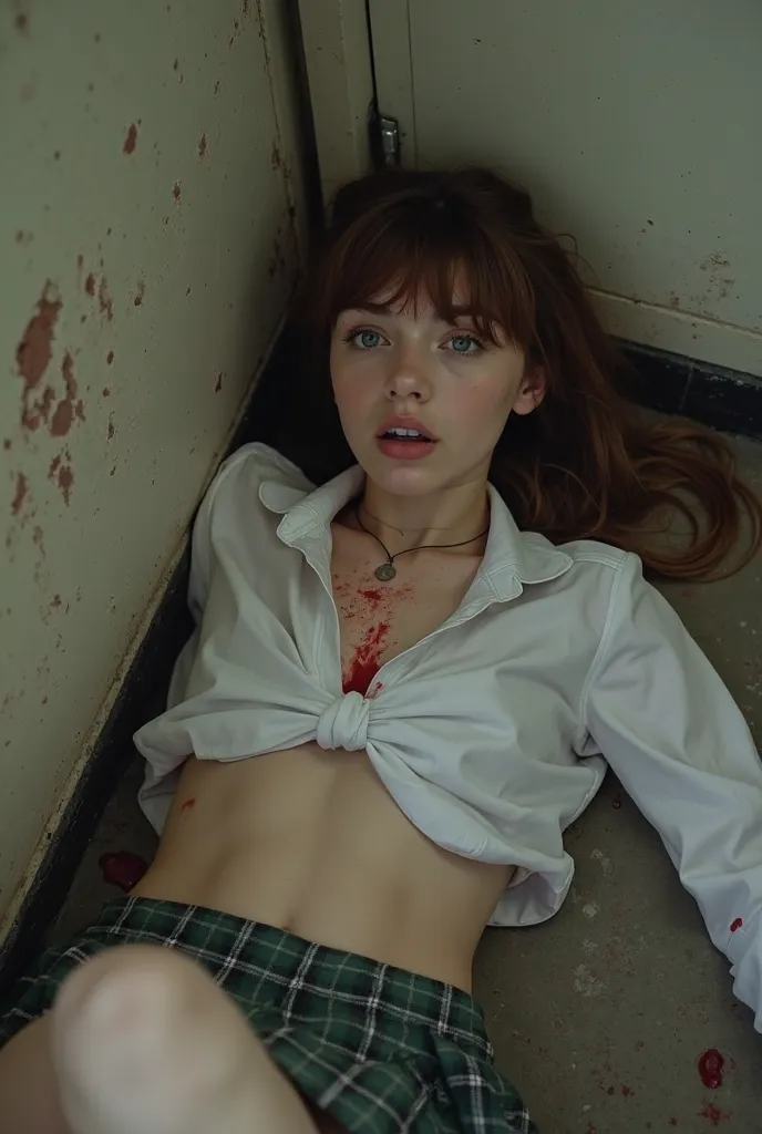 Generate HD image photograph of an 18 year old girl,  brown hair with bangs , Russian, dead (bleeding gunshot wounds to the chest), A player,  lies on the ground , with the head leaning against a wall, las open legs,  with open eyes , bizcos,  the mouth op...