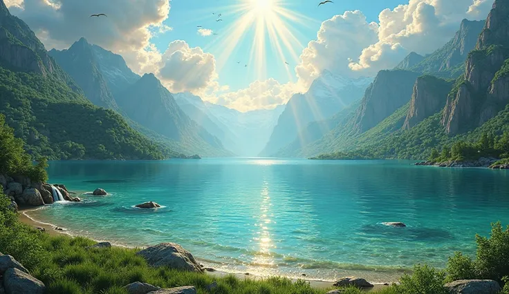 A breathtaking, ultra-detailed digital painting of a serene lake surrounded by lush green forests and towering mountains. The sunlight pierces through the clouds, casting radiant golden beams onto the shimmering turquoise water. The lake's surface sparkles...