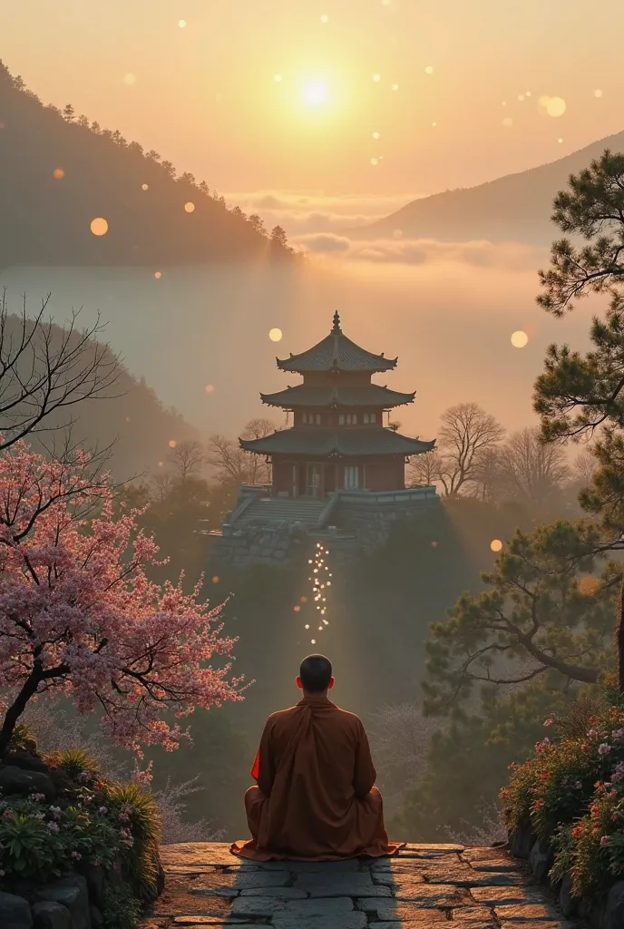 A serene mountain temple at dawn, bathed in soft golden light. Mist gently rolls over the landscape, creating a mystical atmosphere. The temple is surrounded by lush greenery and cherry blossoms, symbolizing peace and tranquility. A meditative monk sits in...