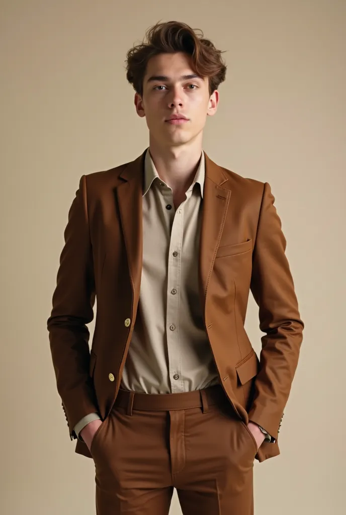  creates a picture of a young  , with a light brown shirt, some brown pants, with a formal jacket of the same brown.  It fits the waist: Jacket .  Sarao, Jean Kirstein Yell, which is neither tight nor loose. .

