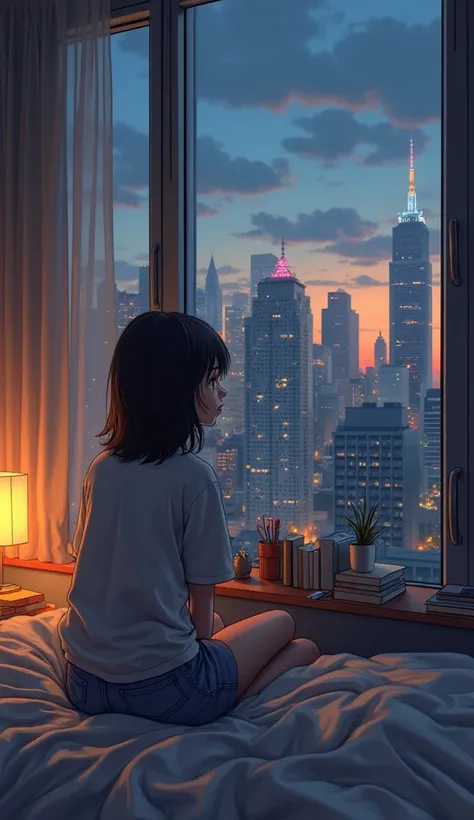 Generate a scene featuring girl with face like a k-pop idol sitting on a bed in a modern city apartment at dusk. The room should have a cozy and relaxed atmosphere with a lamp illuminating a desk cluttered with books and stationery. The girl has shoulder-l...