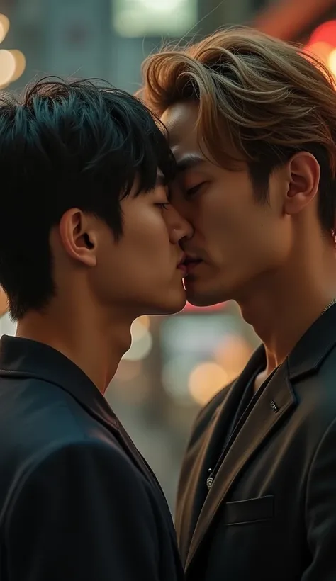 Top quality, detailed, ① a young Japanese man with black hair and ② a Japanese man with light brown and medium hair kissing. ① has a cute face, ② is tall and looks half-Japanese, close-up, cinematic lighting, dramatic.