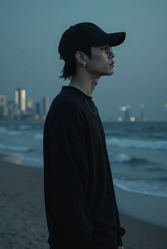 standing on the beach at night, inspired by wonwoo, low quality footage, jungkook, Cai Xukun, from 8 k matte, some background blur, he is wearing a black long sleeve shirt, grainy low quality, very very low quality picture, Inspired by Zhang Han, Shin Jiny...